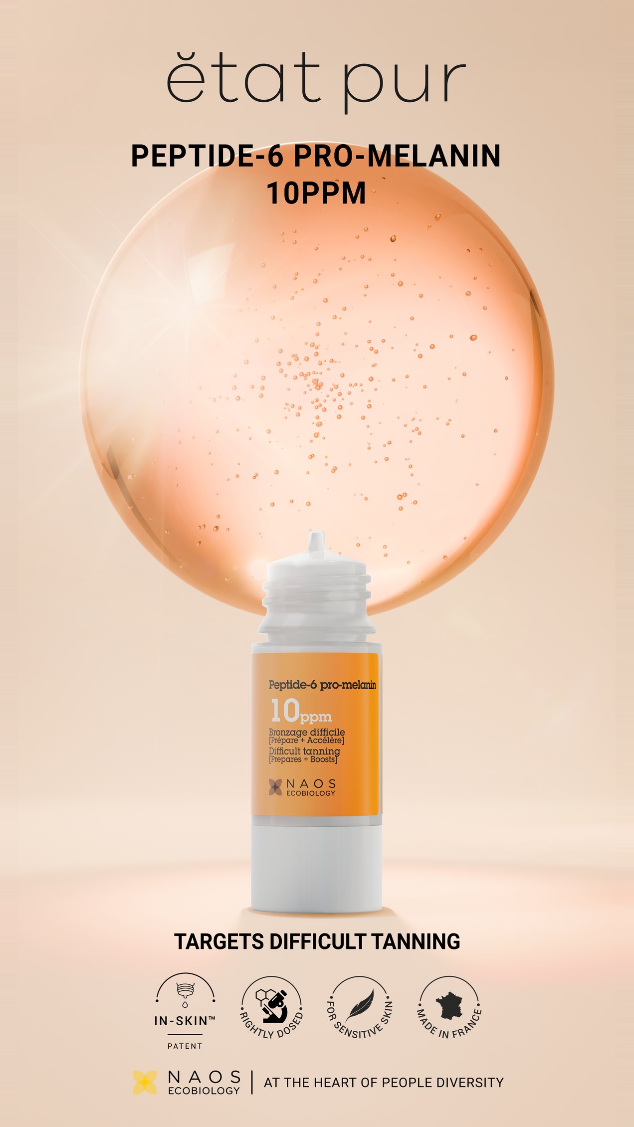 Key visual État Pur Peptide-6 Pro-Melanin : flacon devant la sphère translucide, packaging et mentions produit