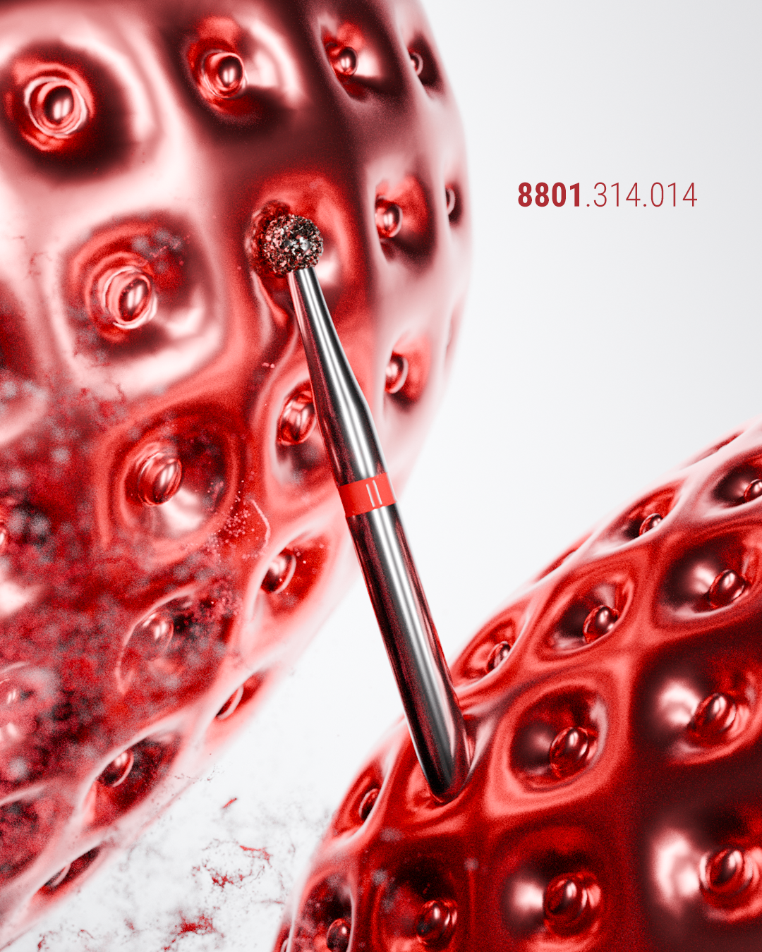 Rendu final 3D de la fraise dentaire Komet 8801.314.014, bague rouge sur fond sombre