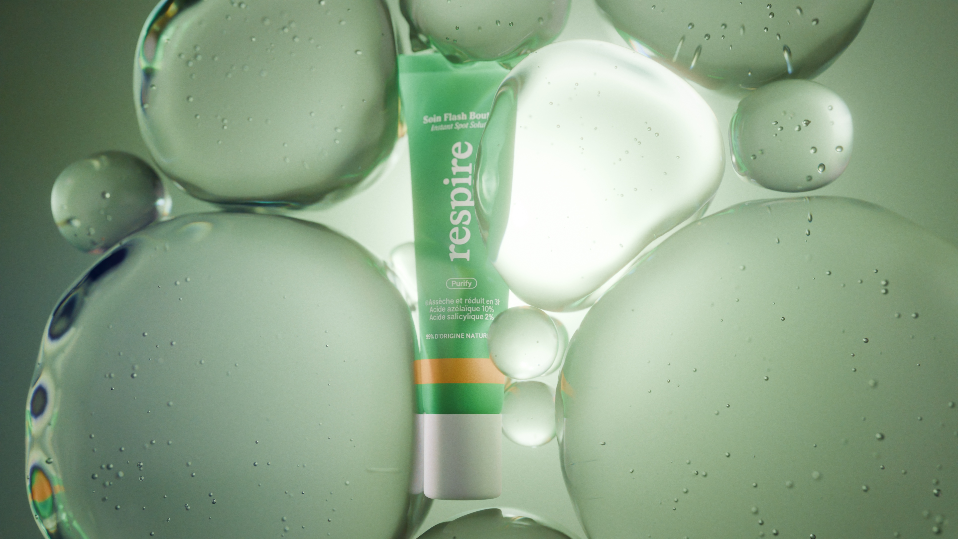 Rendu 3D Soin Flash Boutons Respire — visualisation produit cosmétique naturel